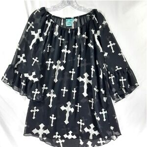Black Gothic Cross Print Off Shoulder Bell Sleeve Chiffon Top Cowgirl Hardwear
